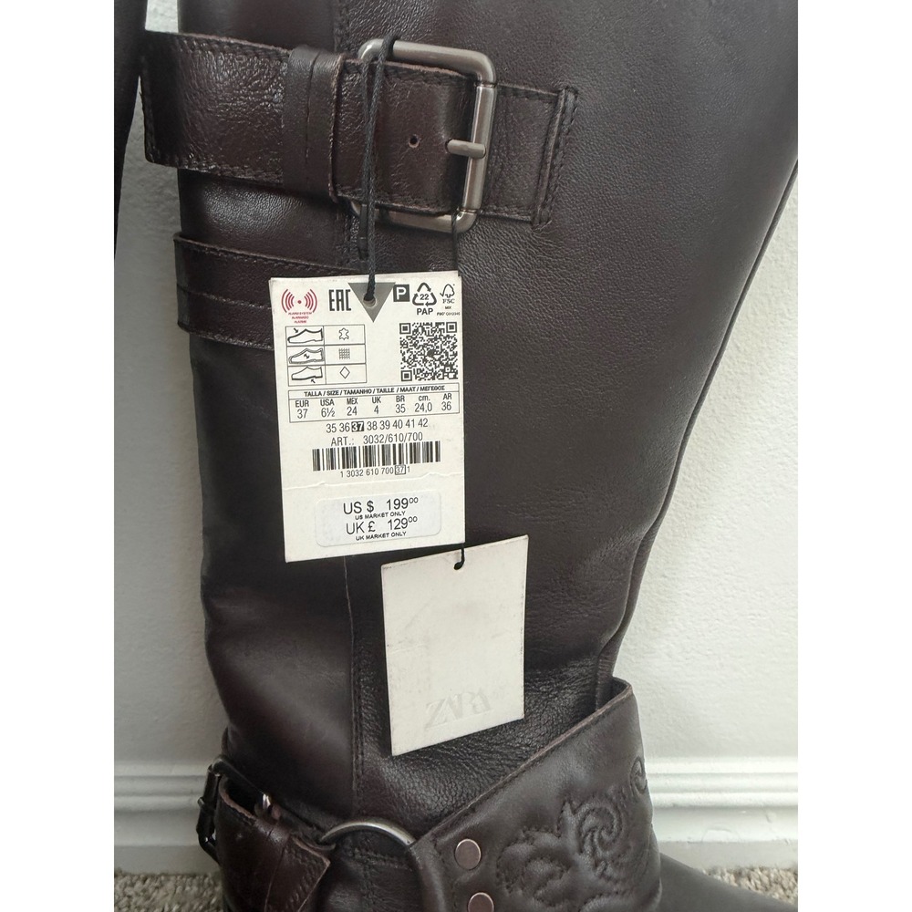 Zara Leather Embroidered Flat Boots – Brown – Women's US 6.5 – NWT - Picture 3 of 6